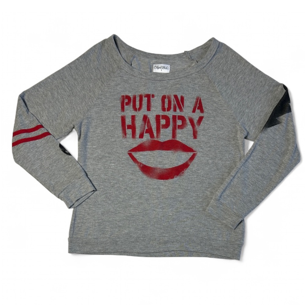 Lauren Moshi PUT ON A HAPPY Red Lip Grey Boat Neck Sweatshirt Size S
